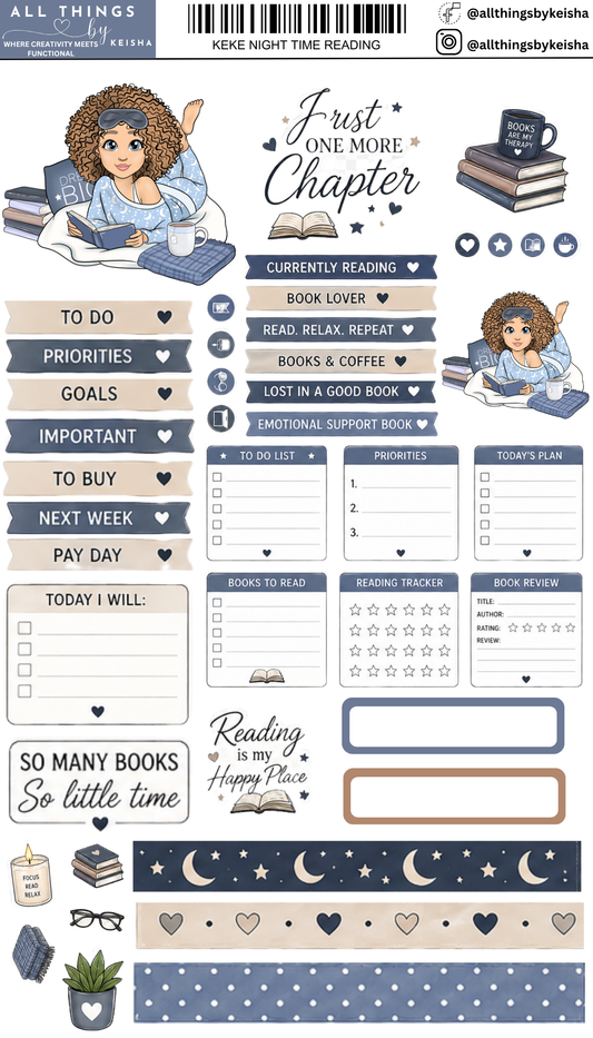 KEKE NIGHT TIME READING FUNCTIONAL KITS ALL THINGS BY KESHA: Planner Stickers,LLC