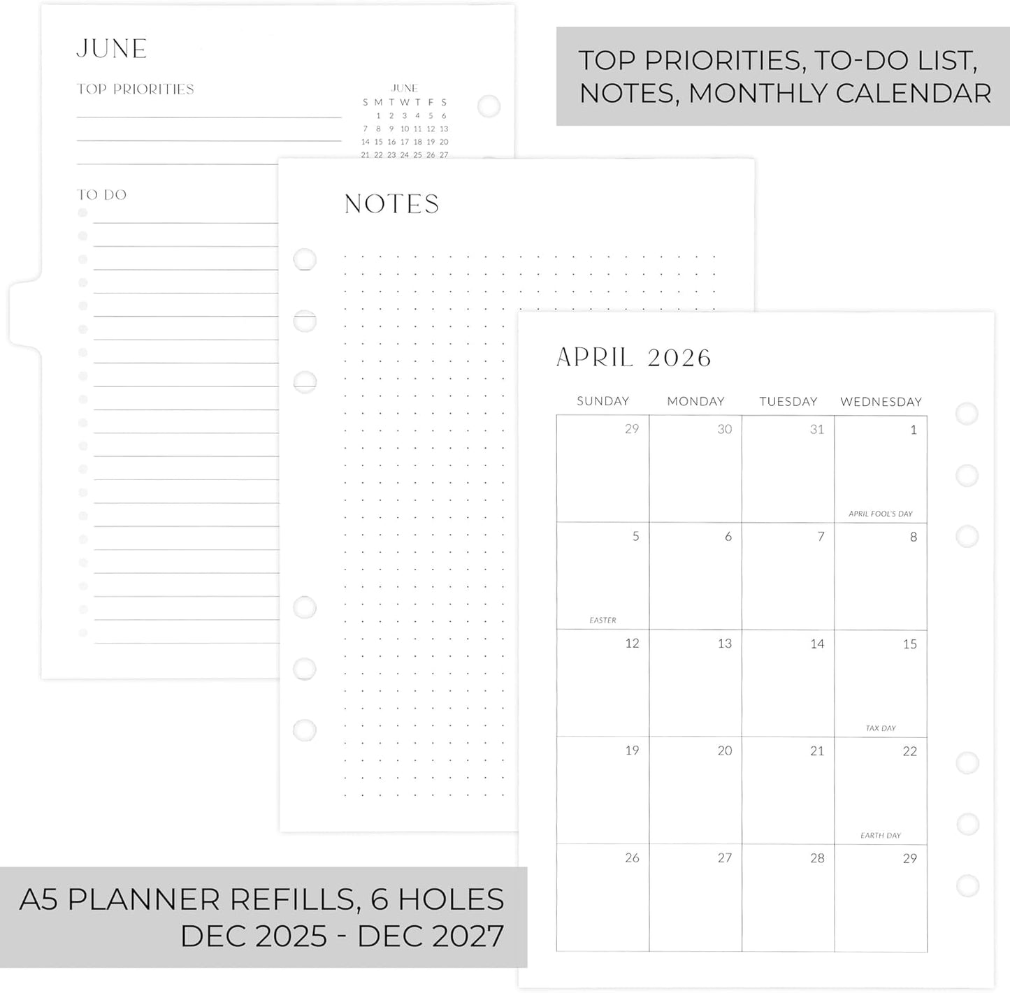 ATBK 2026-2027 Monthly Planner Inserts for 6 Ring Binders