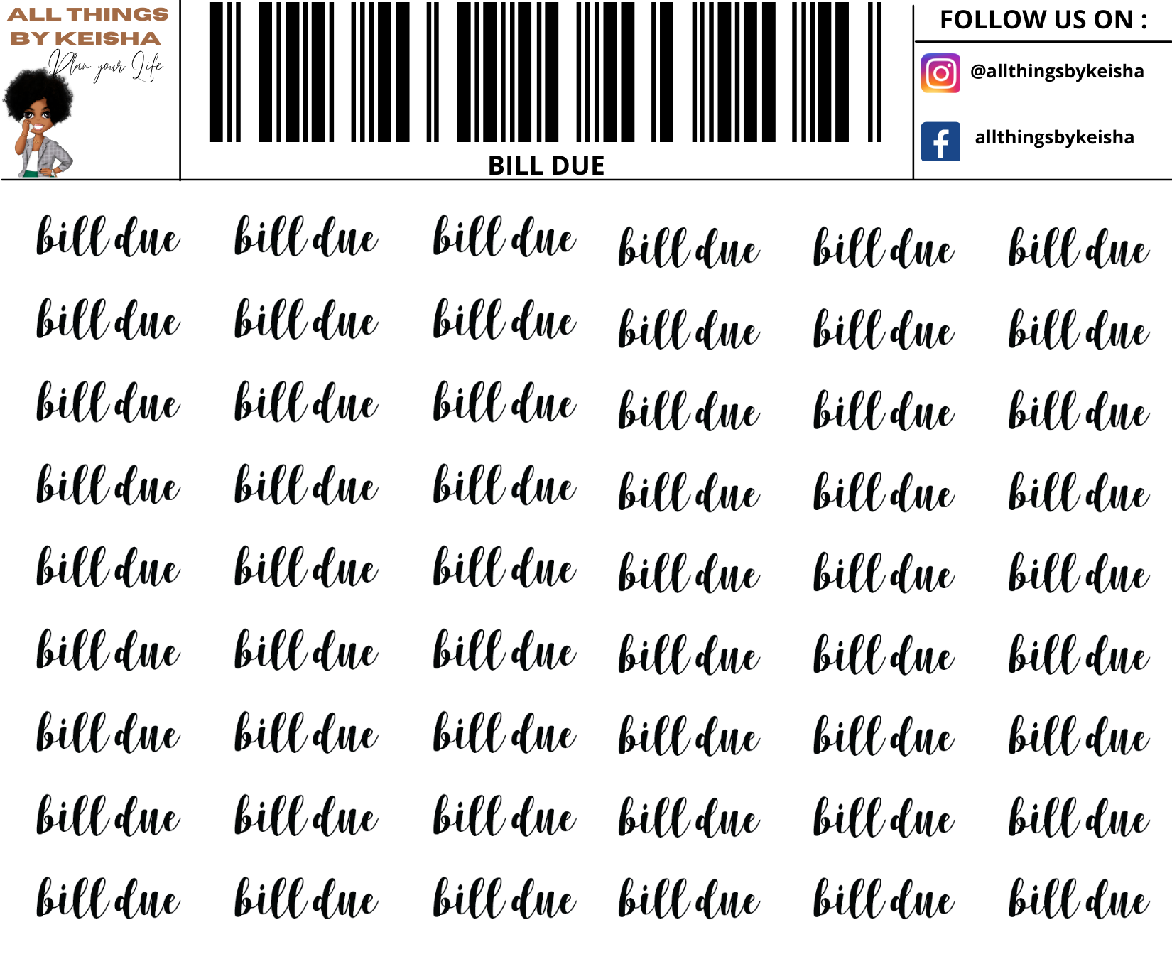 BILL DUE SCRIPT STICKERS – ALL THINGS BY KESHA: Planner Stickers,LLC